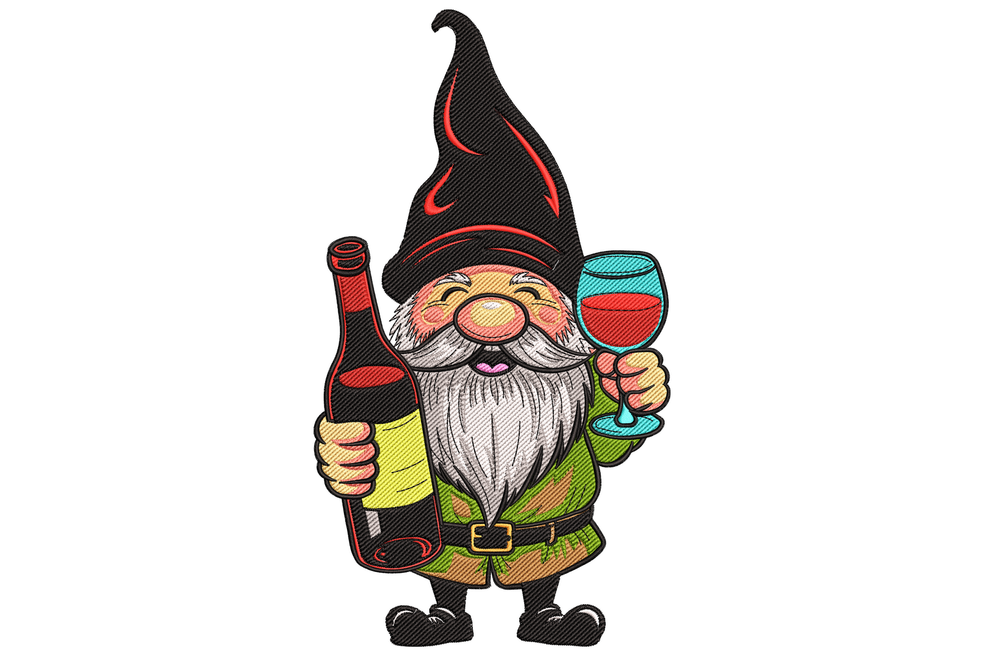 Cartoon wine gnome design with a plum red pointed cap, oversized white beard, beige tunic, tipped red wine glass, green bottle, and grape clusters in horizontal layout.