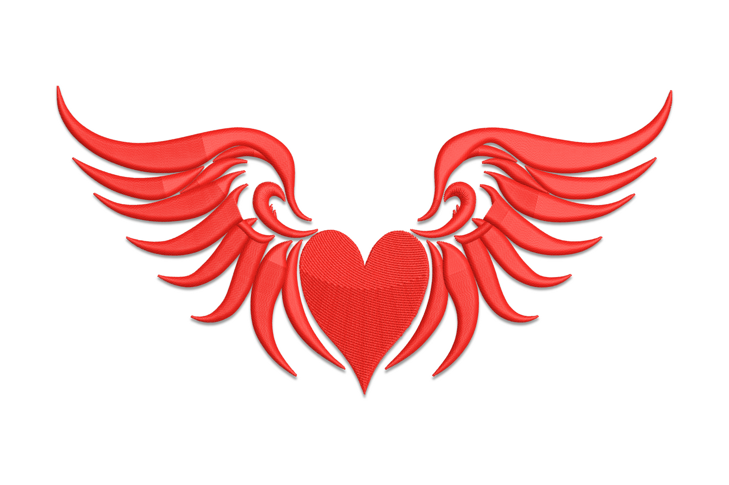Valentine winged heart machine embroidery, angel wings spread wide around a heart, single colour, 5 sizes 1.76 to 3.78 inches wide
