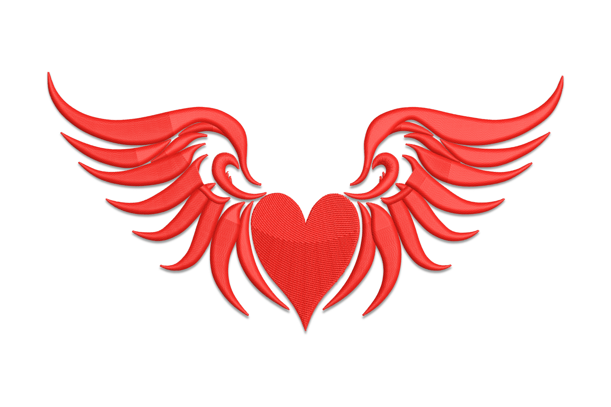 Valentine winged heart machine embroidery, angel wings spread wide around a heart, single colour, 5 sizes 1.76 to 3.78 inches wide
