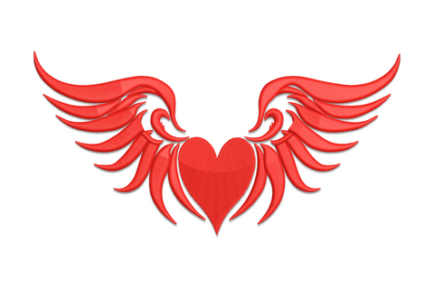 Valentine winged heart machine embroidery, angel wings spread wide around a heart, single colour, 5 sizes 1.76 to 3.78 inches wide