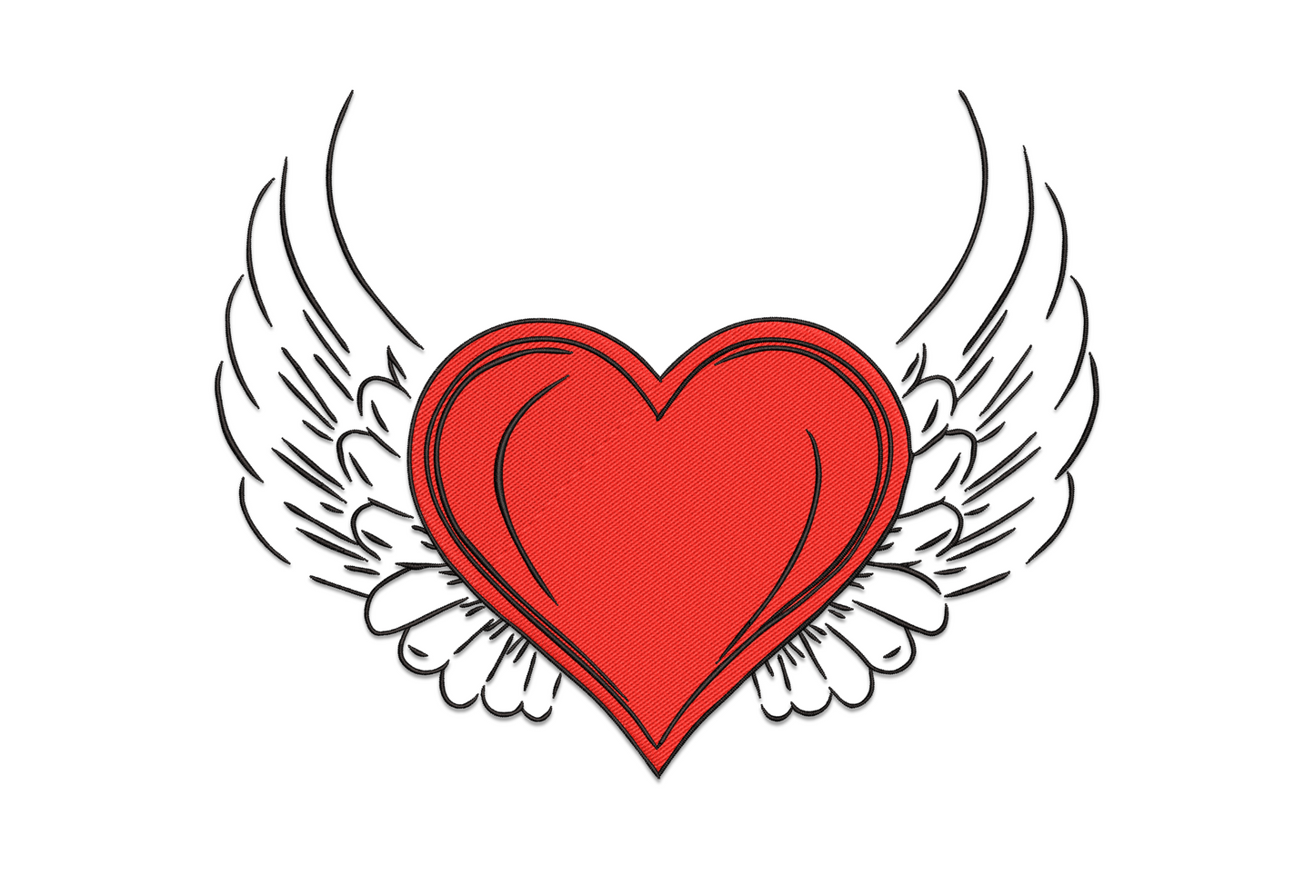 Machine embroidery design of a bold red heart with large detailed white feathered angel wings spread on both sides, outlined in dark thread