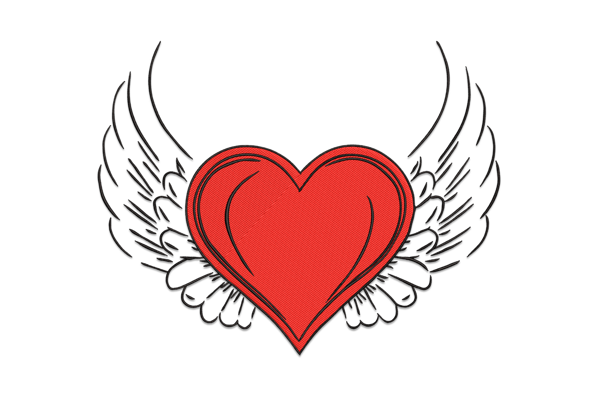 Machine embroidery design of a bold red heart with large detailed white feathered angel wings spread on both sides, outlined in dark thread