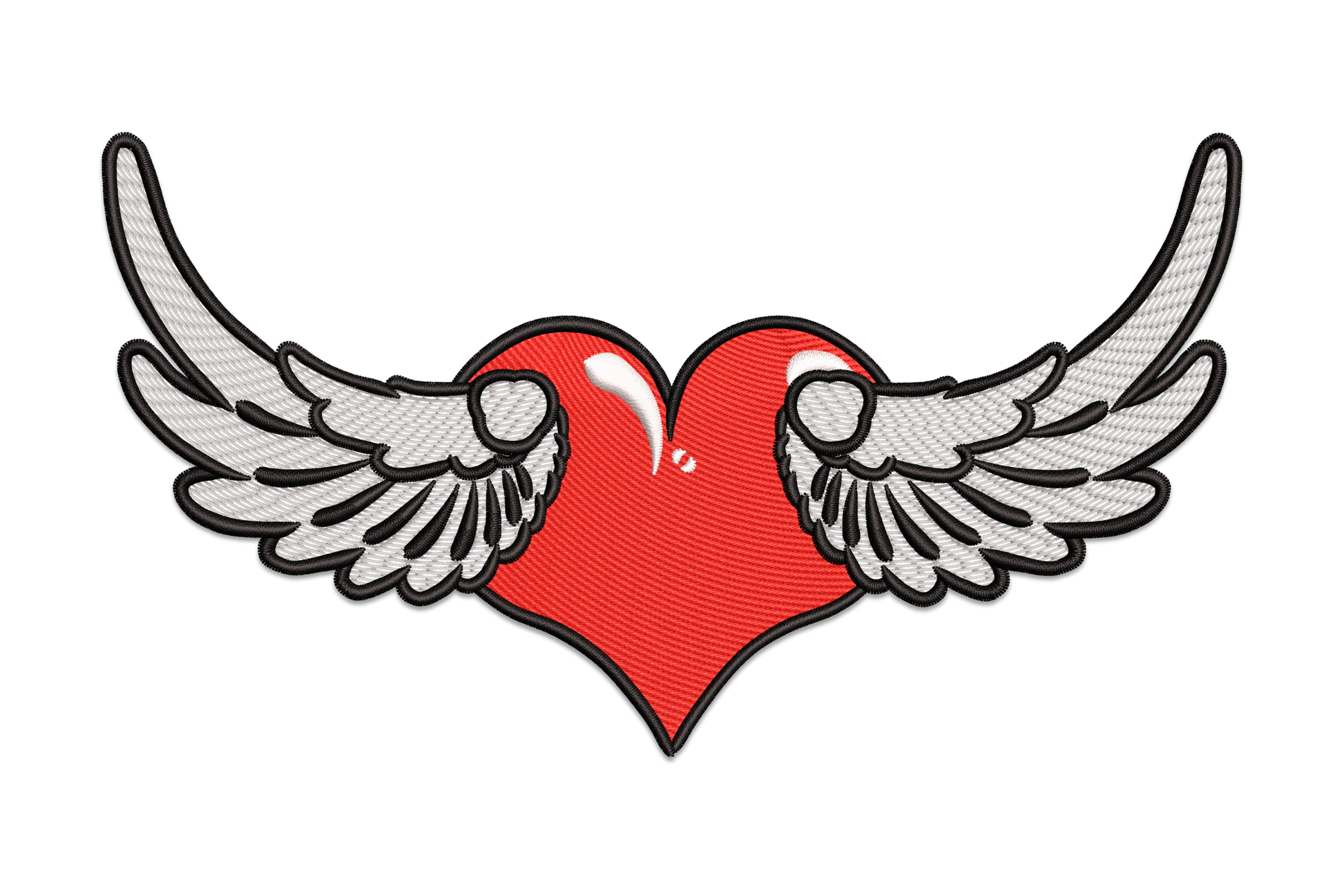 Winged heart love embroidery design, symmetrical spread wings, red heart, 3 colours, sizes 3.51 to 7.51 inches wide