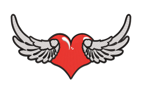 Winged heart love embroidery design, symmetrical spread wings, red heart, 3 colours, sizes 3.51 to 7.51 inches wide
