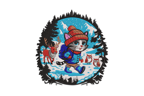 Winter adventure cat embroidery design, upright cat with hiking backpack and scarf, 8 colors, 5 sizes up to 7.5 inches