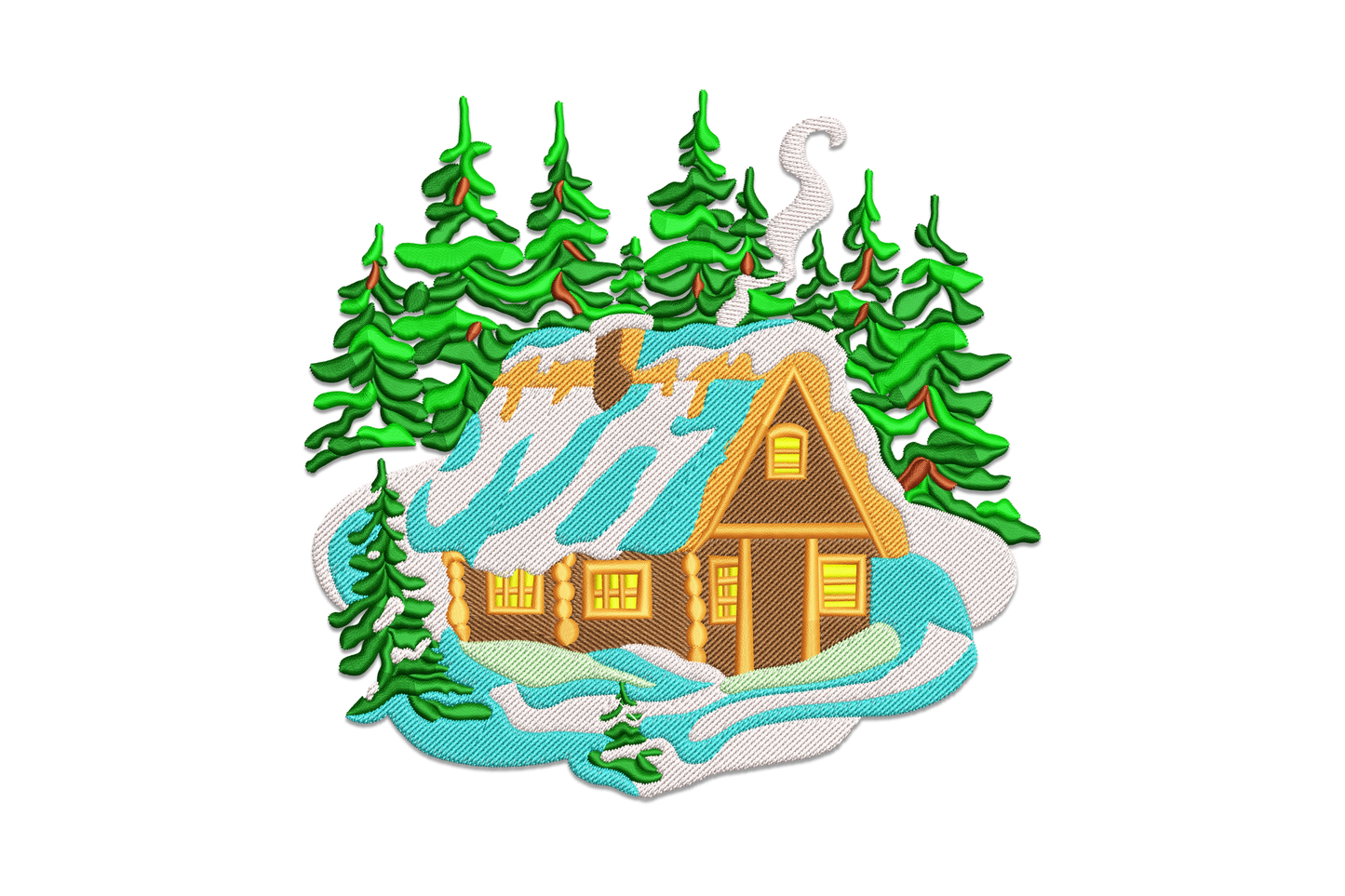 Winter cabin embroidery design with A-frame lodge, snowy pine trees and glowing windows, 5 sizes up to 7.25 inches wide