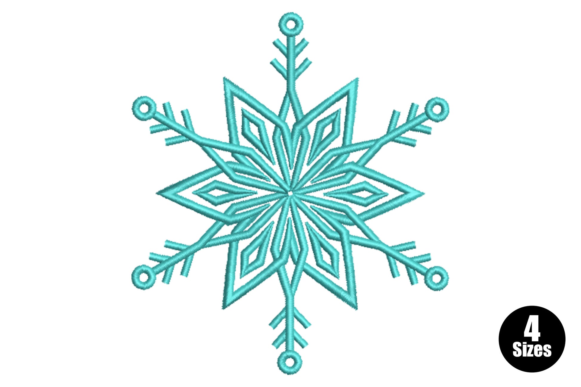 Winter crystal snowflake embroidery design in aqua thread, six geometric arms with diamond fills and bead tips