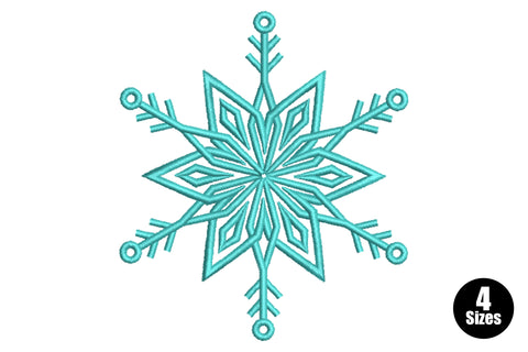 Winter crystal snowflake embroidery design in aqua thread, six geometric arms with diamond fills and bead tips