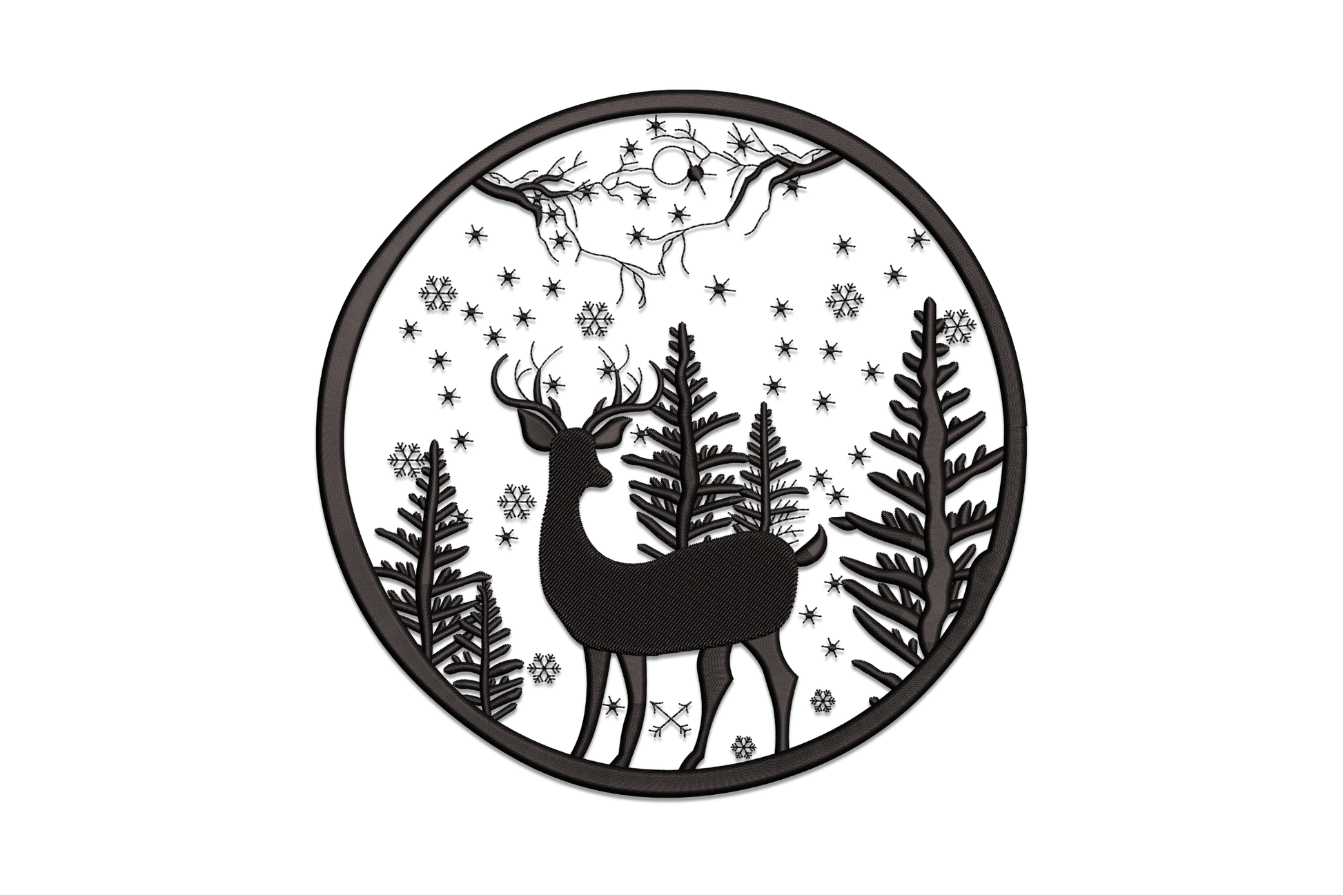 Winter deer silhouette embroidery design, black buck standing in forest inside circular frame with snowflakes and pine trees, woodland machine embroidery