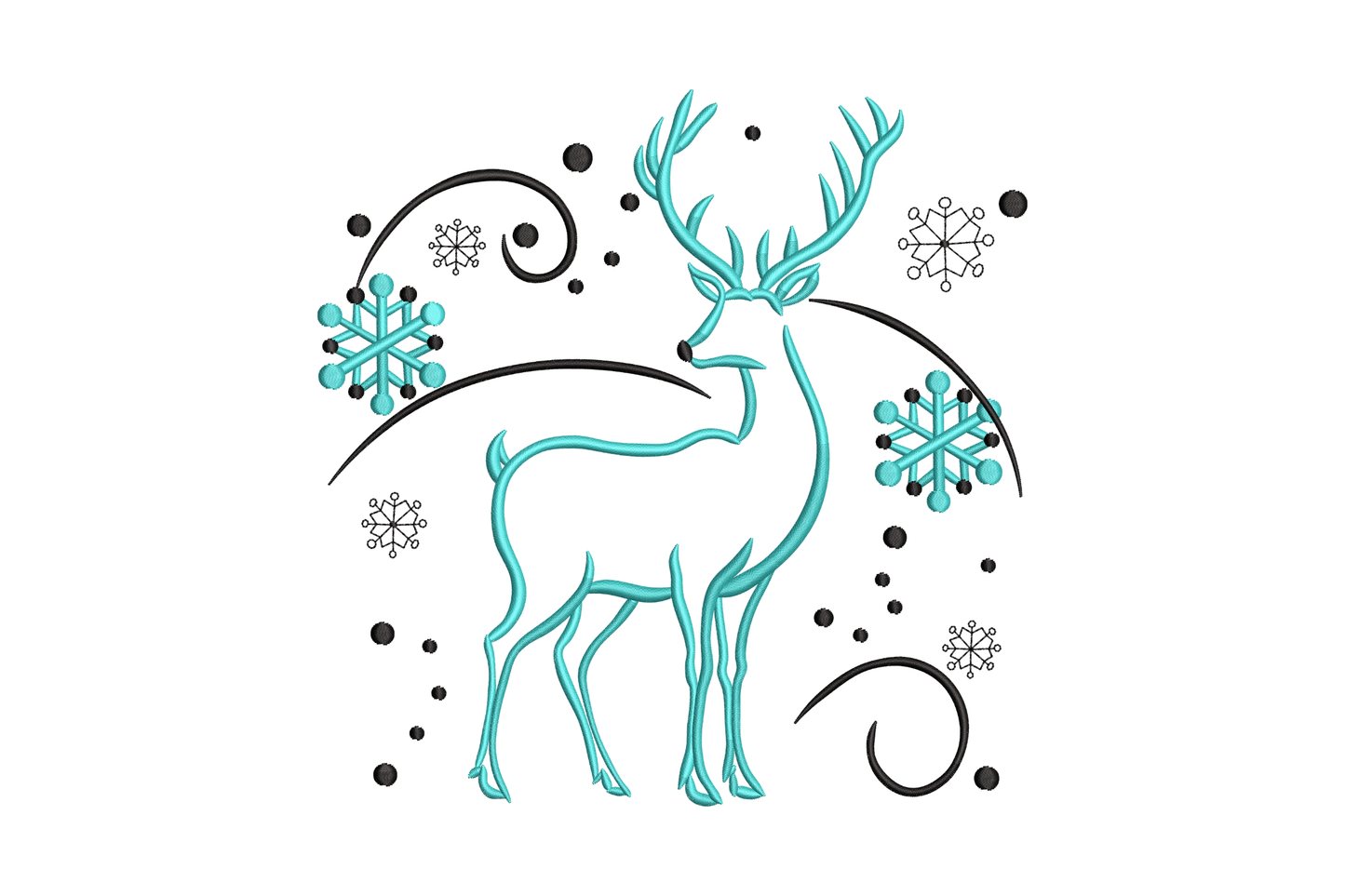 Winter deer with snowflakes machine embroidery design, teal outline stag with geometric snowflakes, 5 sizes up to 7.51 inches