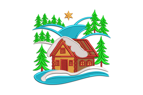 Winter forest cabin embroidery design with red roof cabin, pine trees, snow drifts and gold star, 5 sizes up to 7.25 inches