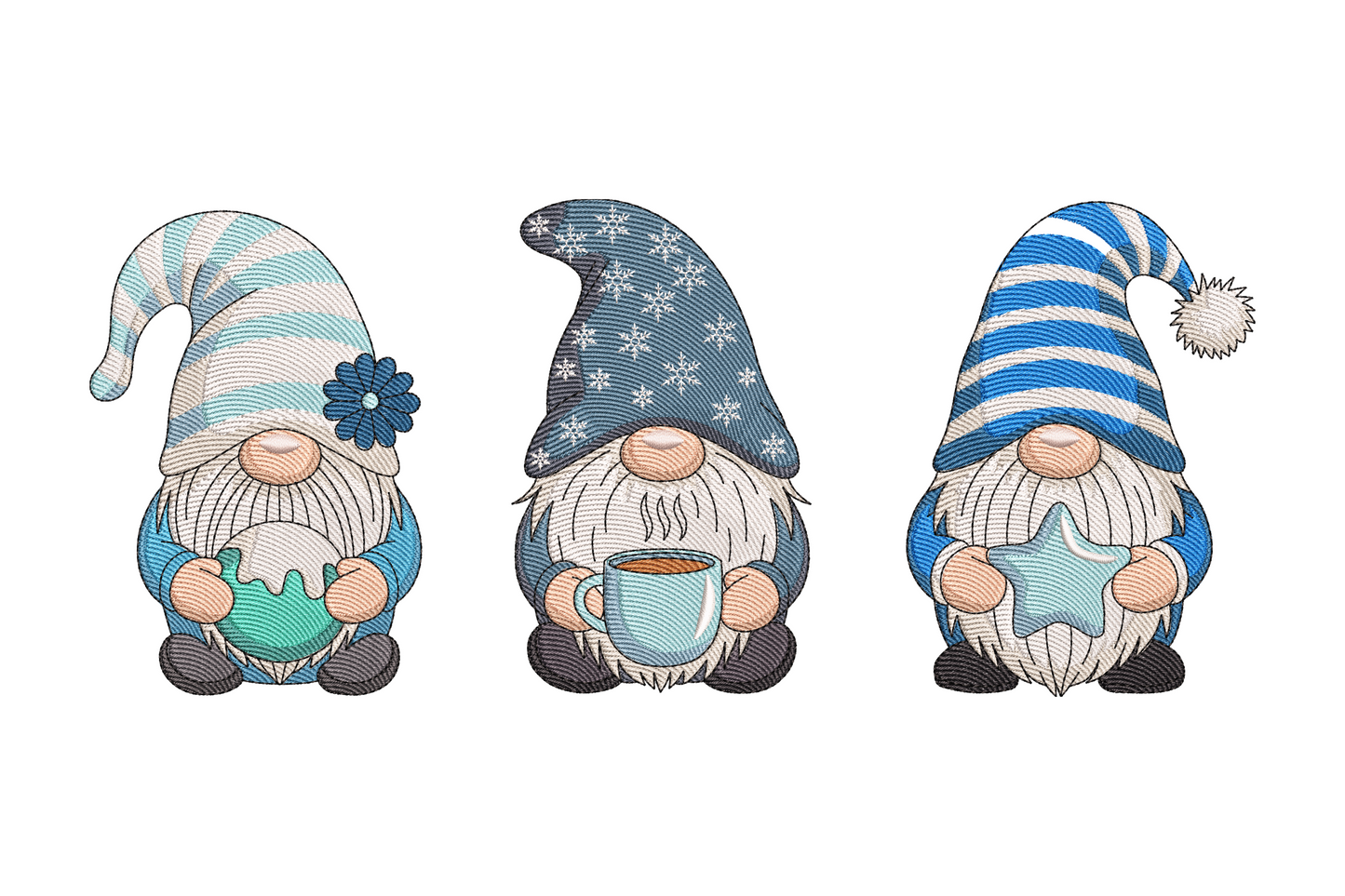 Three winter gnomes in blue striped and starry hats holding snowflake, cocoa mug and teal star, soft scandi winter embroidery design