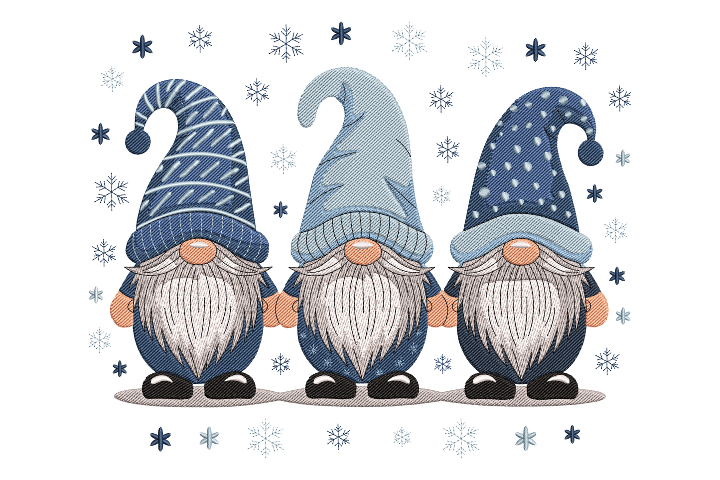 Three winter gnomes embroidery design with dusty blue floppy hats, white fluffy beards and snowflakes scattered around them