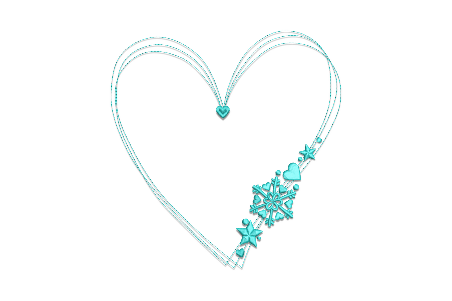 Winter heart snowflake line art embroidery design combining geometric snowflake arms within a heart outline in single colour fine line art, minimal and romantic