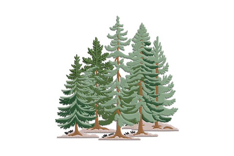 Winter pine forest embroidery design with three-shade green pine row and cream snow ground on charcoal sweatshirt fabric.
