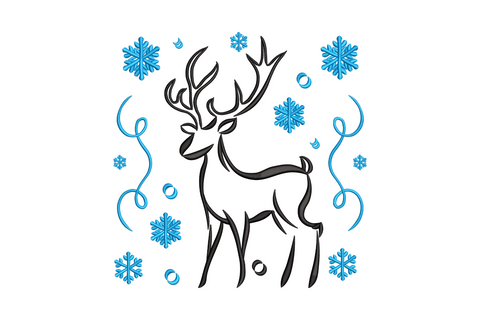 Line-art reindeer silhouette with blue satin snowflakes winter embroidery design, minimal two-colour holiday stag with crystal snowflakes