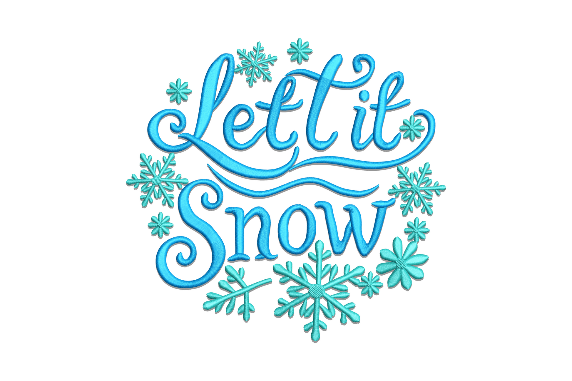 Winter snowflake wreath embroidery design with silver-grey snowflakes and cream script lettering on navy canvas fabric.