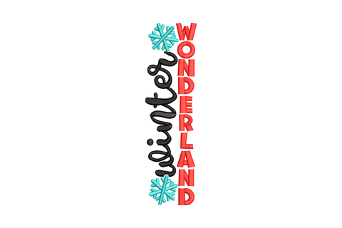Winter Wonderland vertical embroidery with diagonal cursive script, bold red block letters and aqua snowflakes
