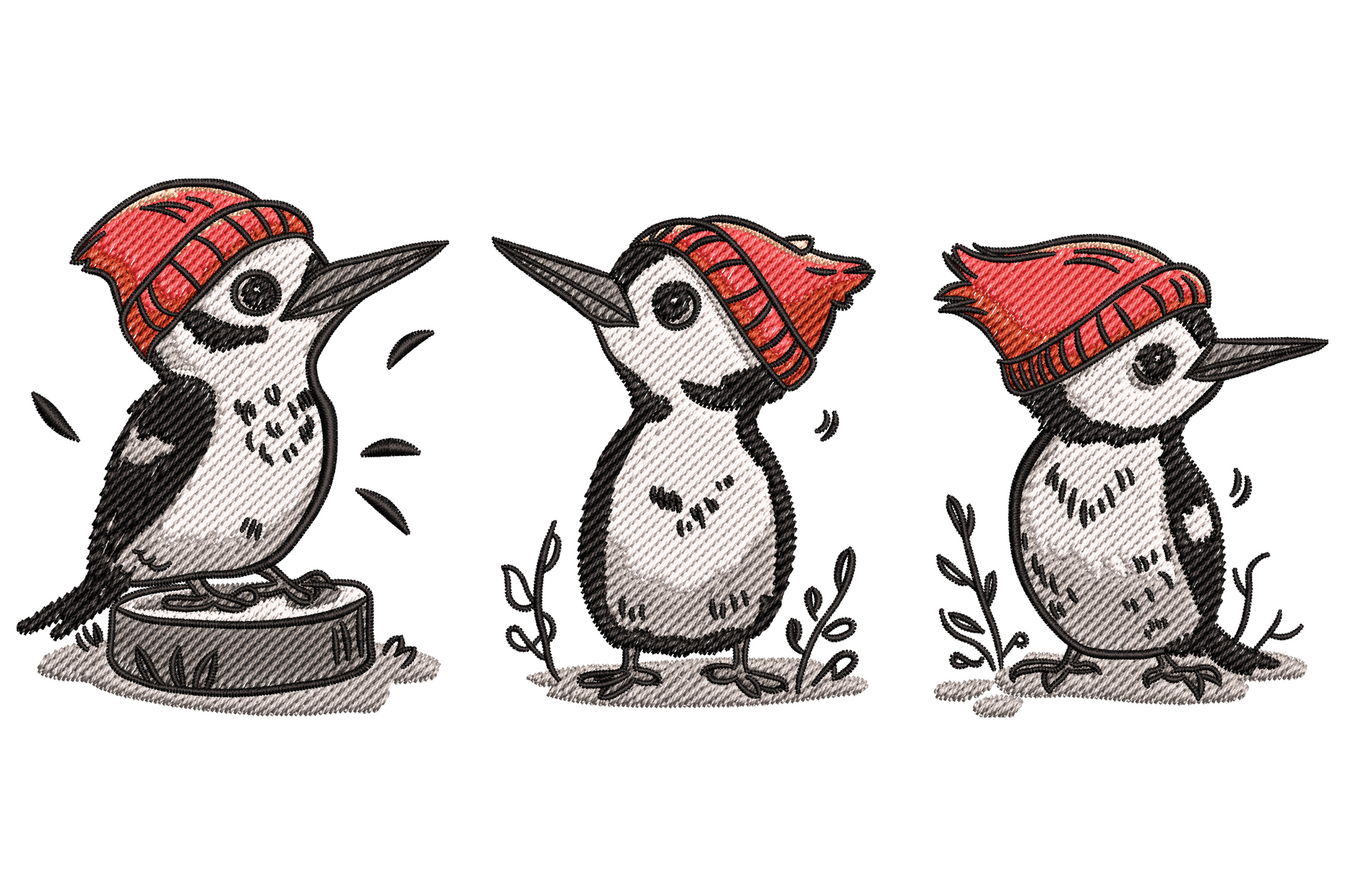 Winter woodpecker trio embroidery design with three black and white birds in cherry red knit beanie hats on snowy sketchy ground.