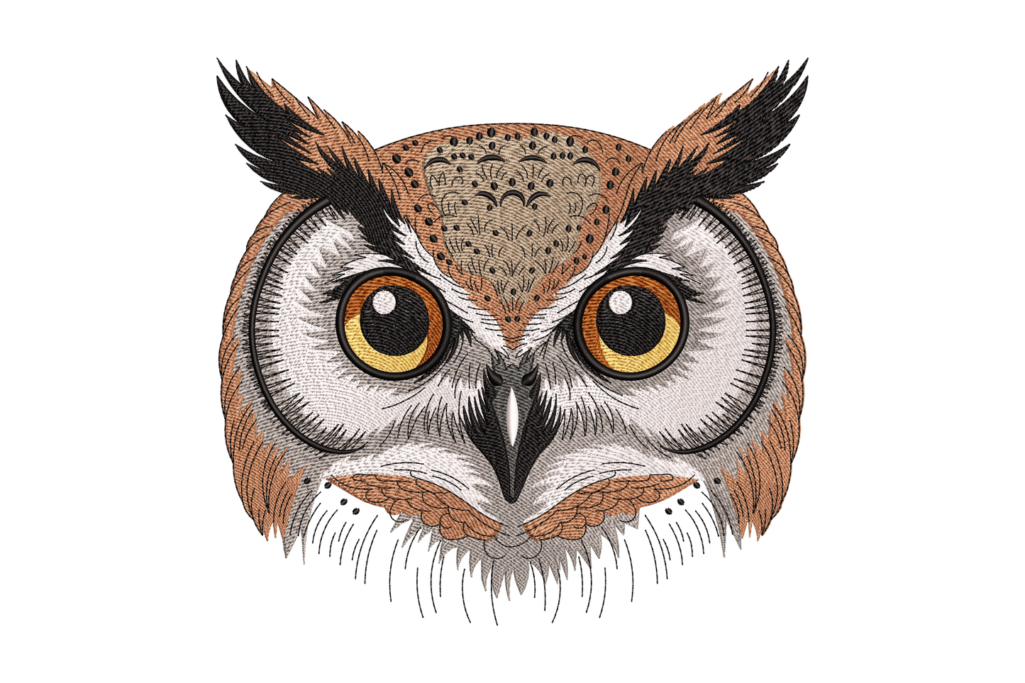 Illustration of an owl's face with detailed feathers on a white background