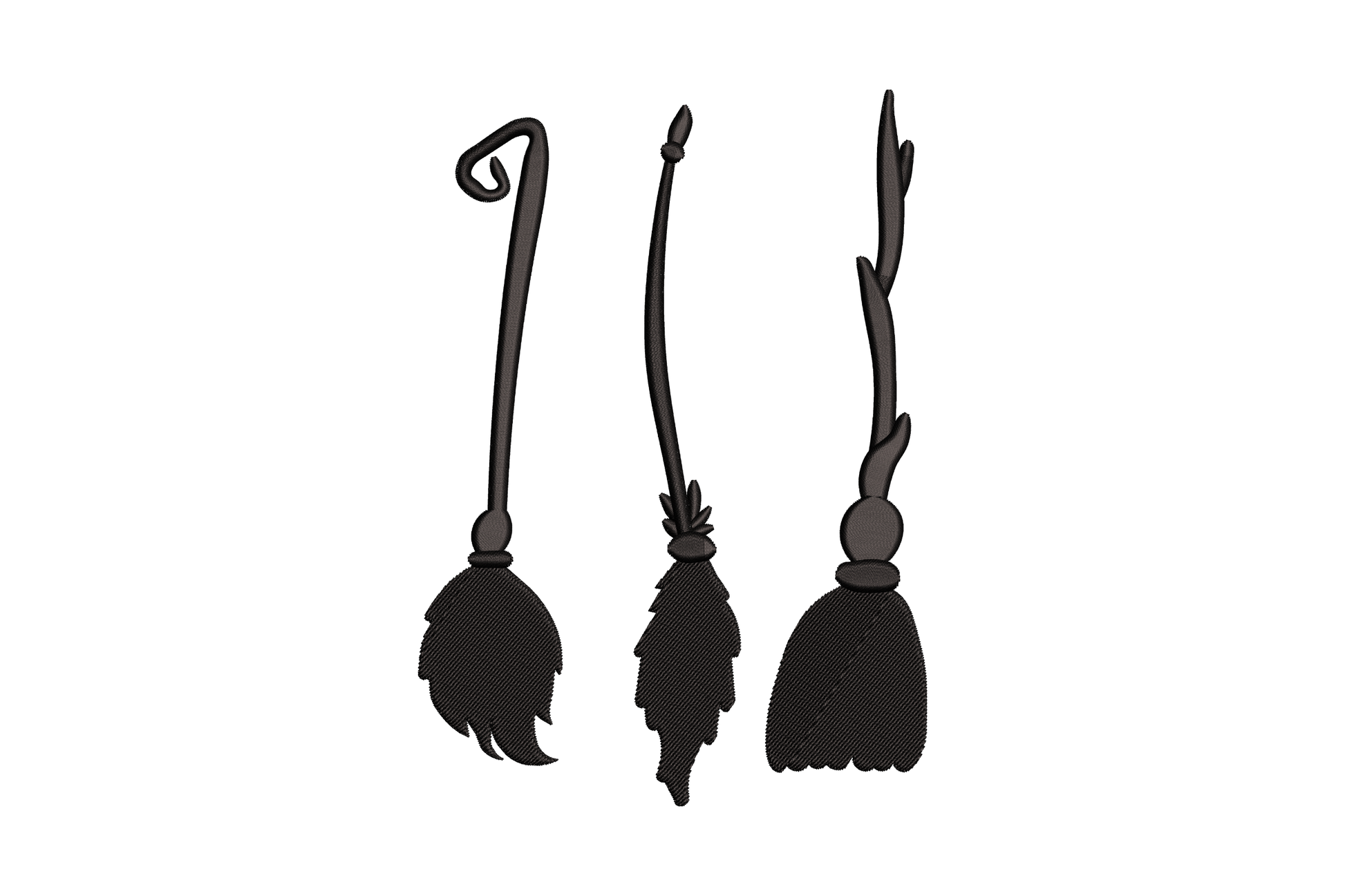 Three witch brooms side by side, curled, straight and branching handles, solid black Halloween embroidery.