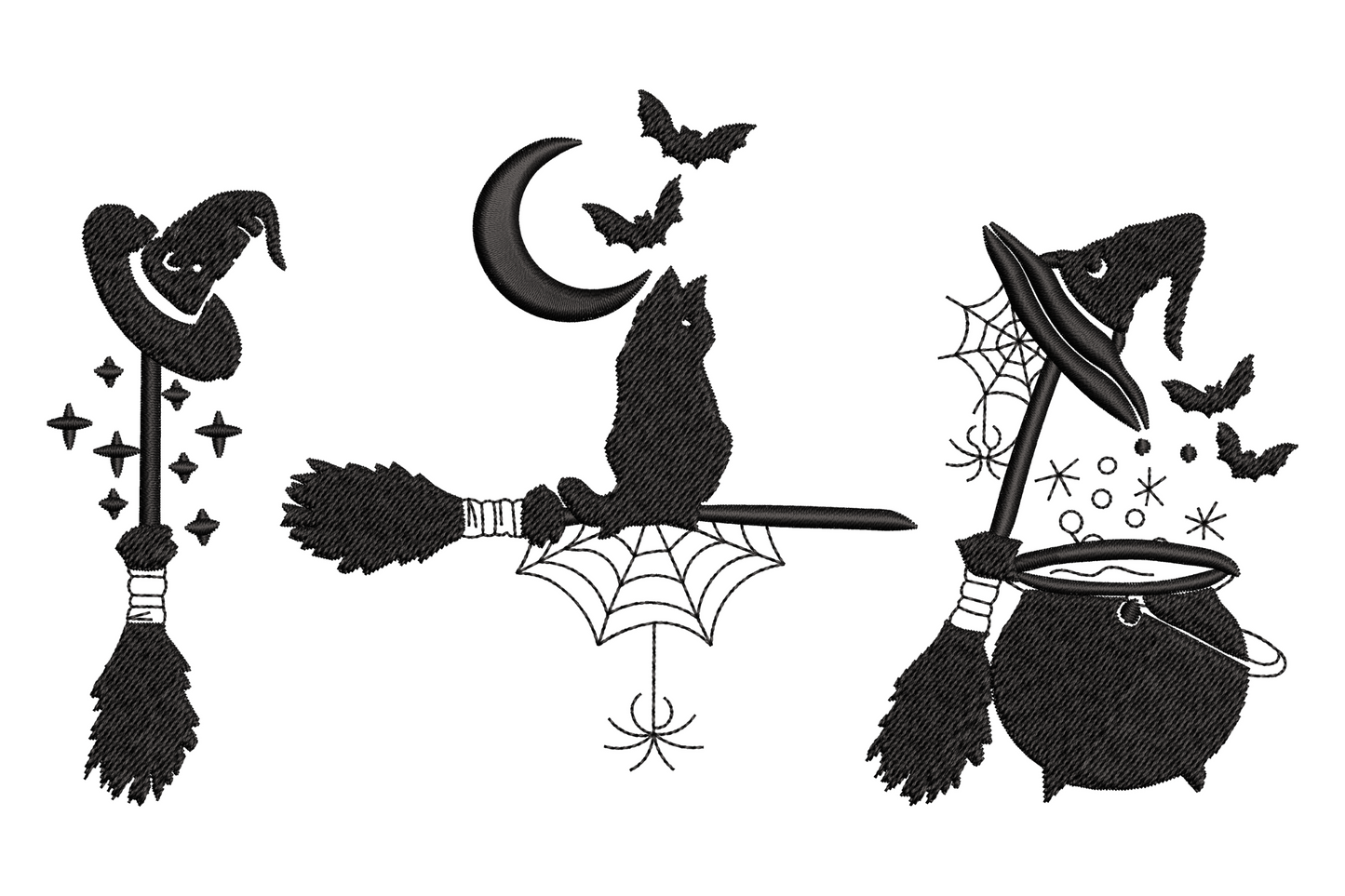 Halloween trio embroidery: broom, black cat on broom handle with web and moon, cauldron with bats, black, 6 sizes