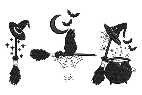 Halloween trio embroidery: broom, black cat on broom handle with web and moon, cauldron with bats, black, 6 sizes