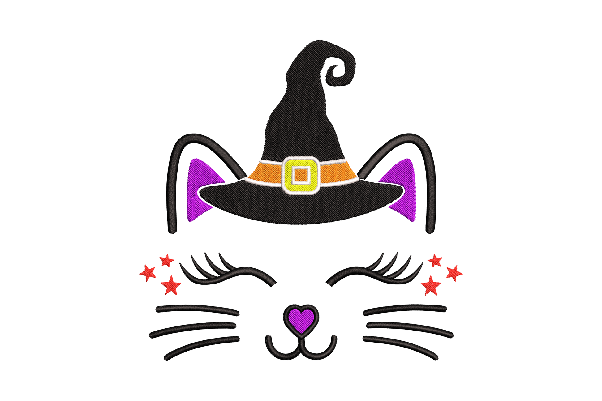 Witch cat face halloween embroidery design, cute kitty with sleepy eyes, purple heart nose and tall black witch hat with orange band.