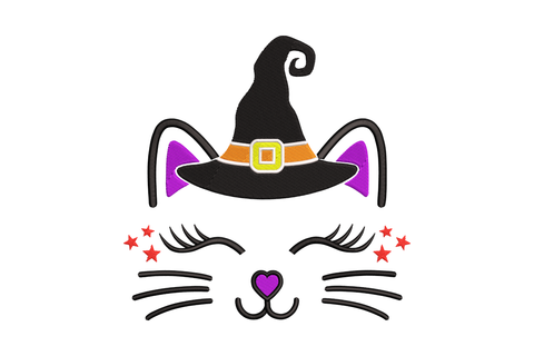 Witch cat face halloween embroidery design, cute kitty with sleepy eyes, purple heart nose and tall black witch hat with orange band.