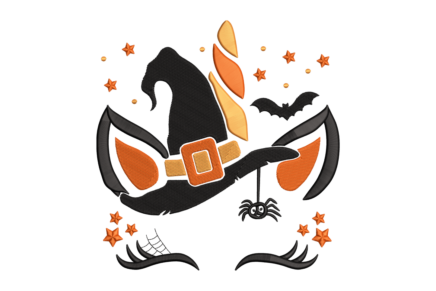Halloween witch cat unicorn face embroidery design with wide-brim black hat, orange buckle, gold horn, dangling spider, flying bat, and scattered orange stars on white background