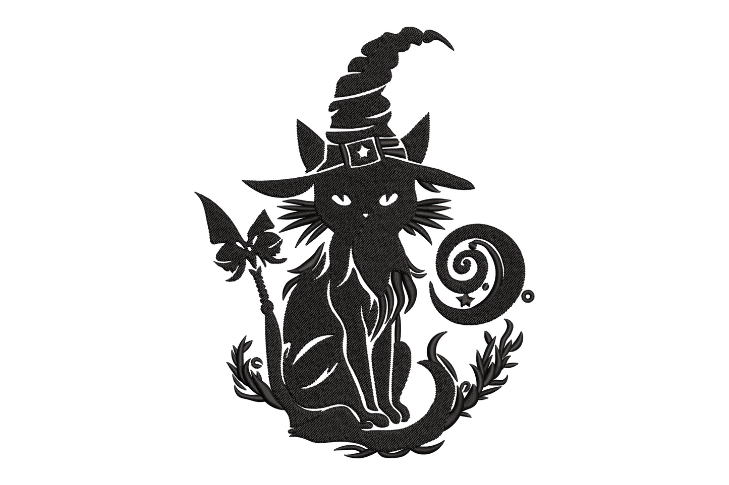 Black silhouette witch cat embroidery design with pointed hat, broom, crescent orb, and foliage base on light background