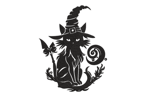 Black silhouette witch cat embroidery design with pointed hat, broom, crescent orb, and foliage base on light background