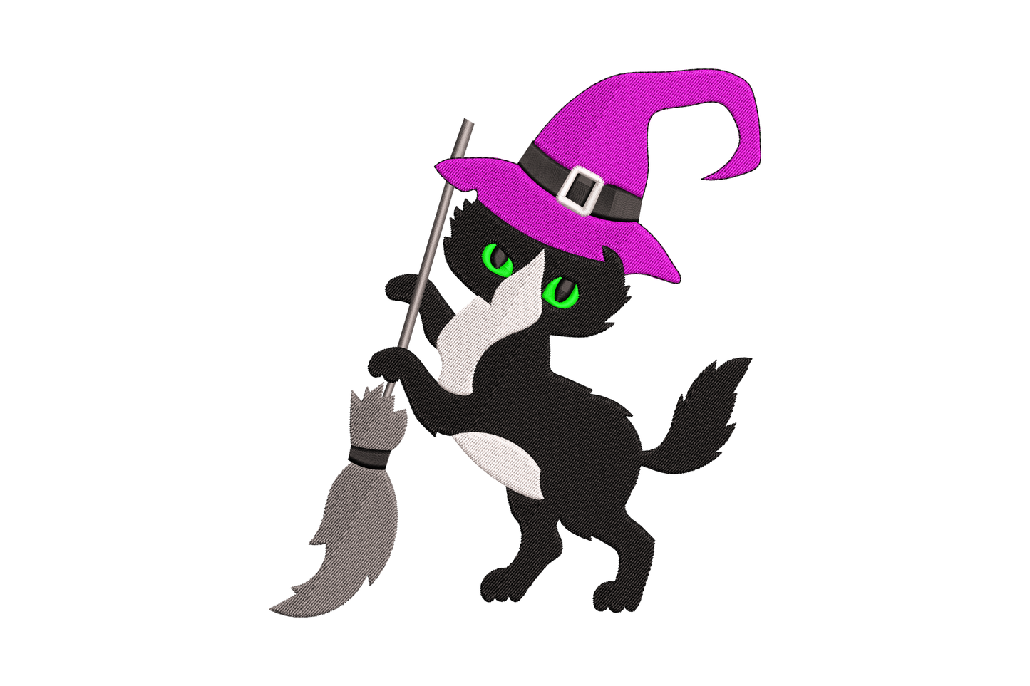 Witch cat with broom embroidery design showing a black cat standing upright in a purple witch hat holding a grey broom with green glowing eyes.