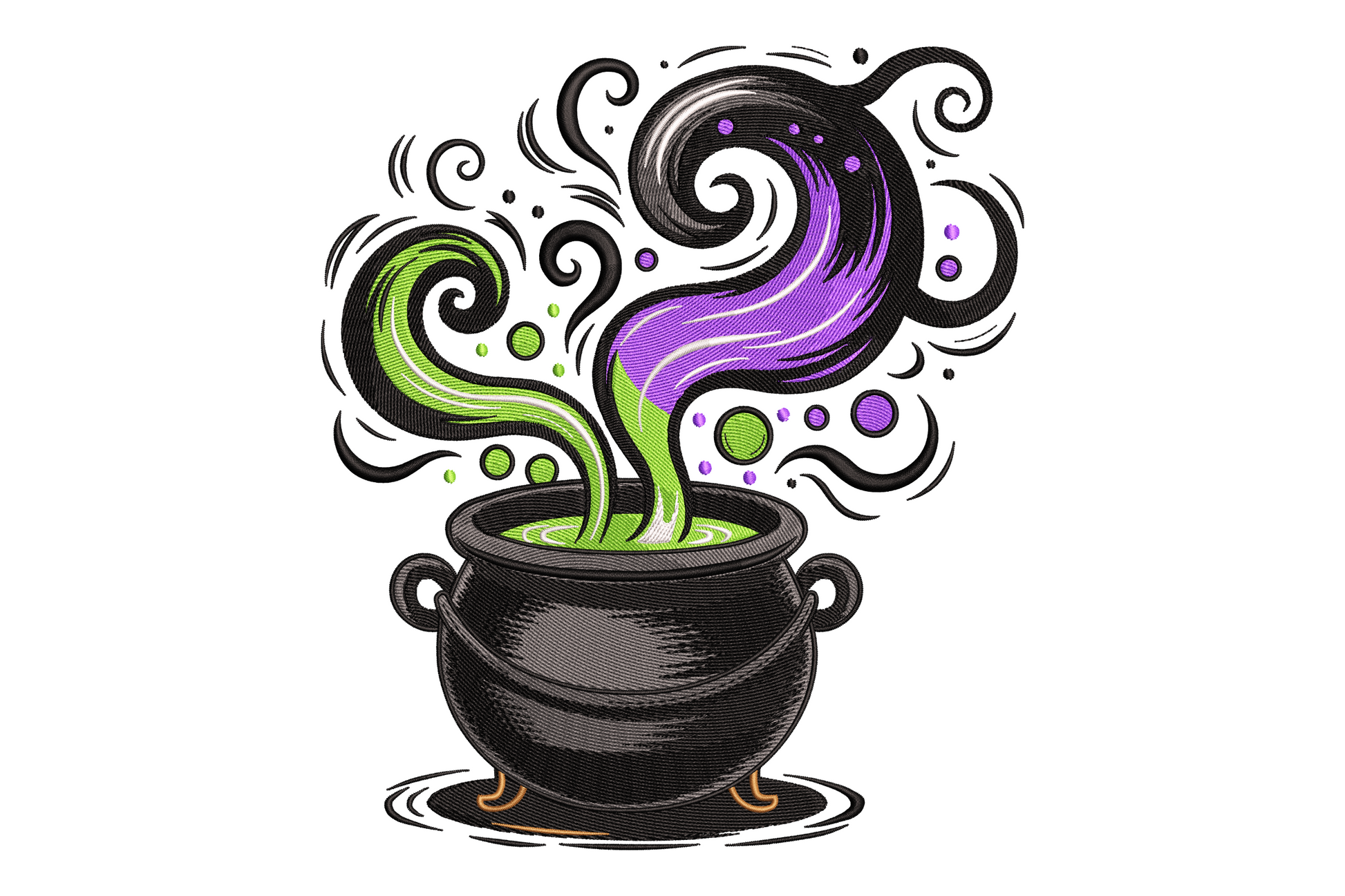 Black cast iron witch cauldron with swirling green and purple potion smoke curling upward and floating bubbles around it, sketchy ink halloween embroidery