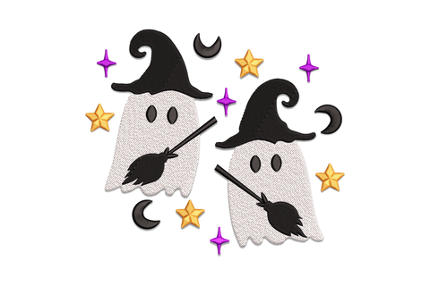 Witch ghost duo embroidery design, two white cartoon ghosts in black witch hats with broomsticks, gold stars and purple sparkles.
