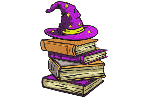 Witch hat and stacked books Halloween embroidery showing black pointed hat atop teal, burgundy and gold book spines with stars on white background.