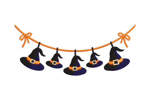 Witch hat garland embroidery with five black hats and orange bands hung from a swooping dark rope line