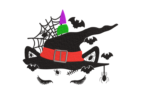 Witch hat halloween embroidery design with black satin cone, gold buckle band and orange accent details, 5 sizes from 2.8 to 5.9 inches for halloween shirts bags and seasonal pieces