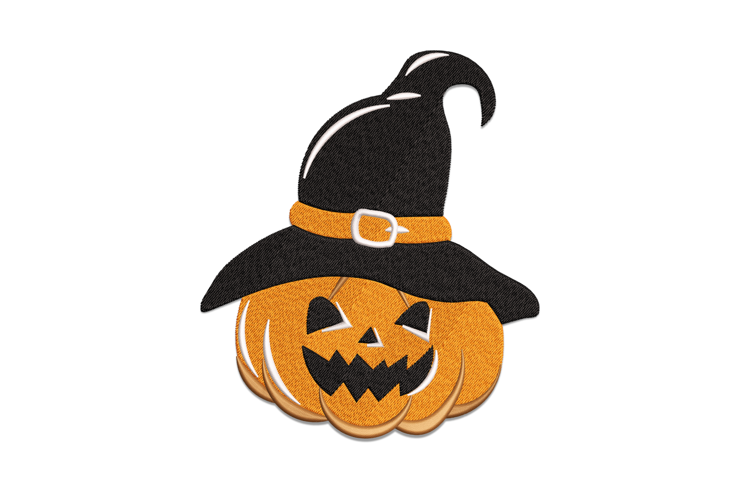 Machine embroidery design of a round orange jack o lantern pumpkin wearing a tall tilted black witch hat with orange band and white buckle