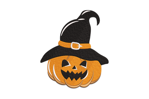 Machine embroidery design of a round orange jack o lantern pumpkin wearing a tall tilted black witch hat with orange band and white buckle