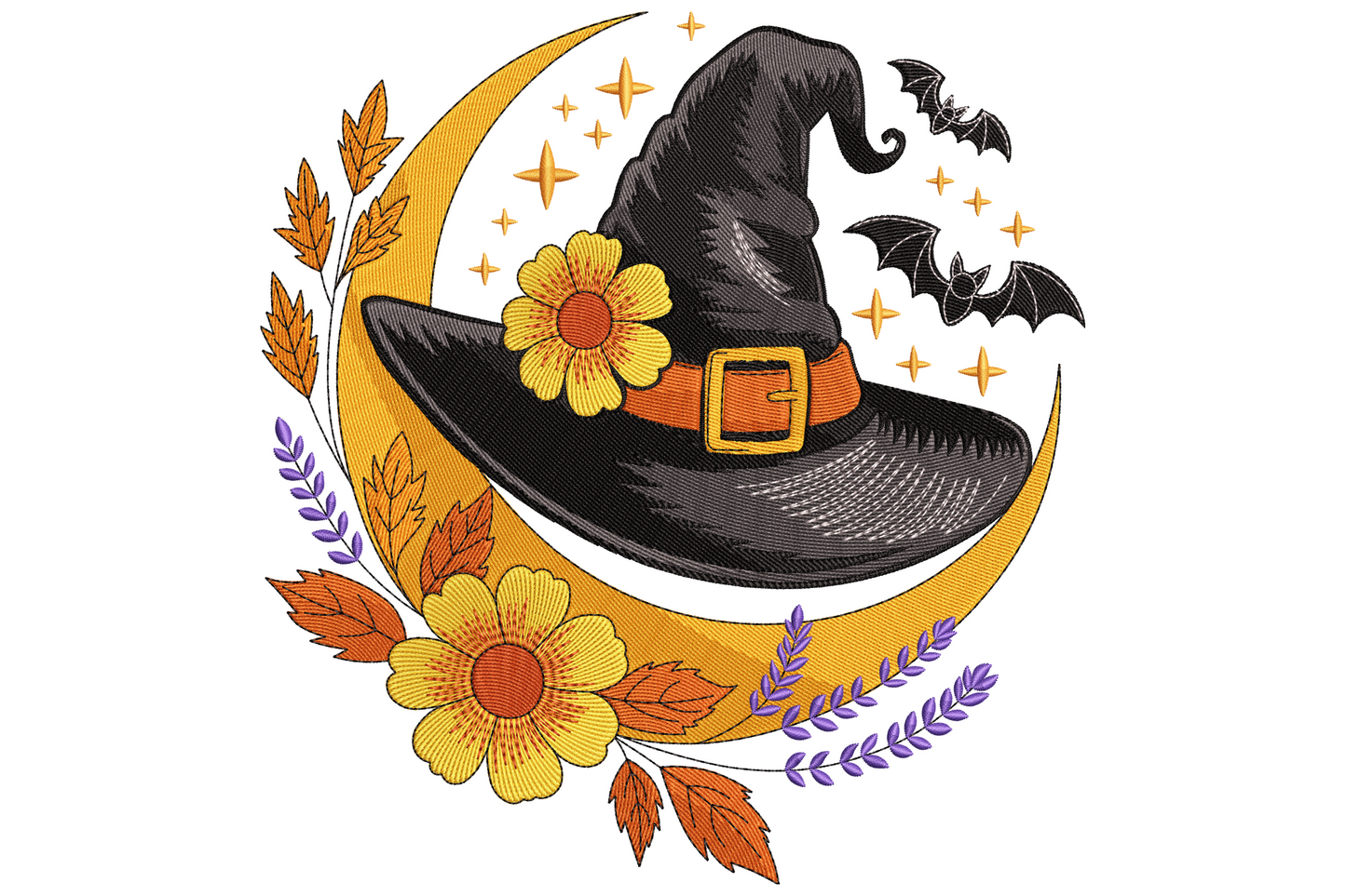 Witch hat moon Halloween embroidery showing tall black witch hat with gold crescent moon and scattered stars on white background.