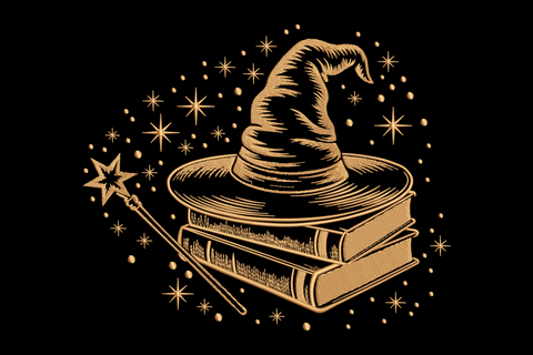 Pointed witch hat sitting on top of stacked spellbooks with magic wand and sparkly stars floating around, single tan brown sketchy halloween embroidery