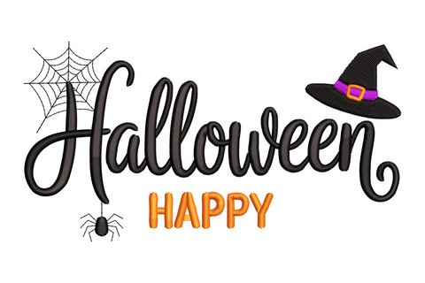 Witch hat and spider web halloween machine embroidery with pointed black hat, orange buckle detail and running-stitch web in 3 colours, wide horizontal layout.