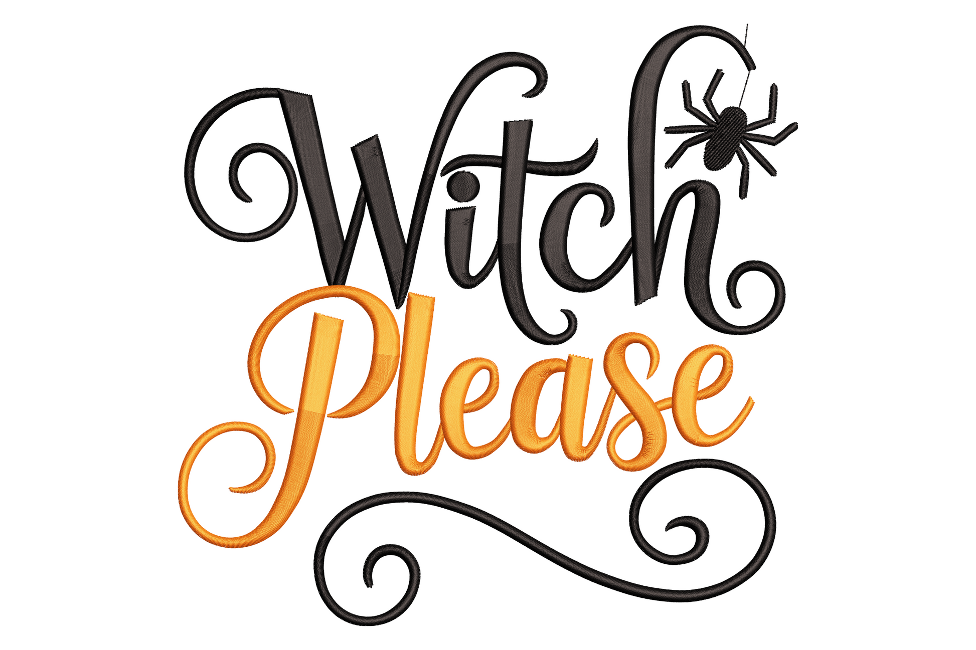 Witch Please halloween machine embroidery slogan design with chunky stacked serif lettering in two colours, near-square composition.
