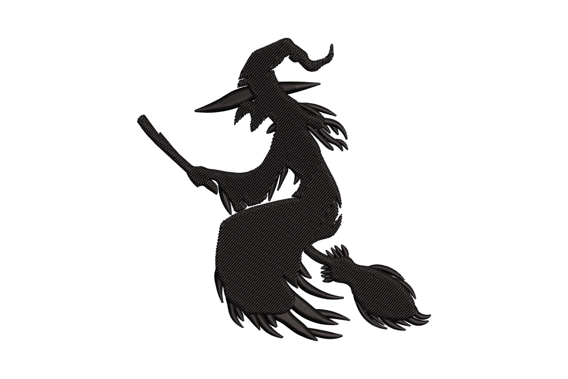 Witch silhouette broom embroidery design showing a solid black profile witch walking with broom held horizontally to her side, pointed hat and sweeping robes.