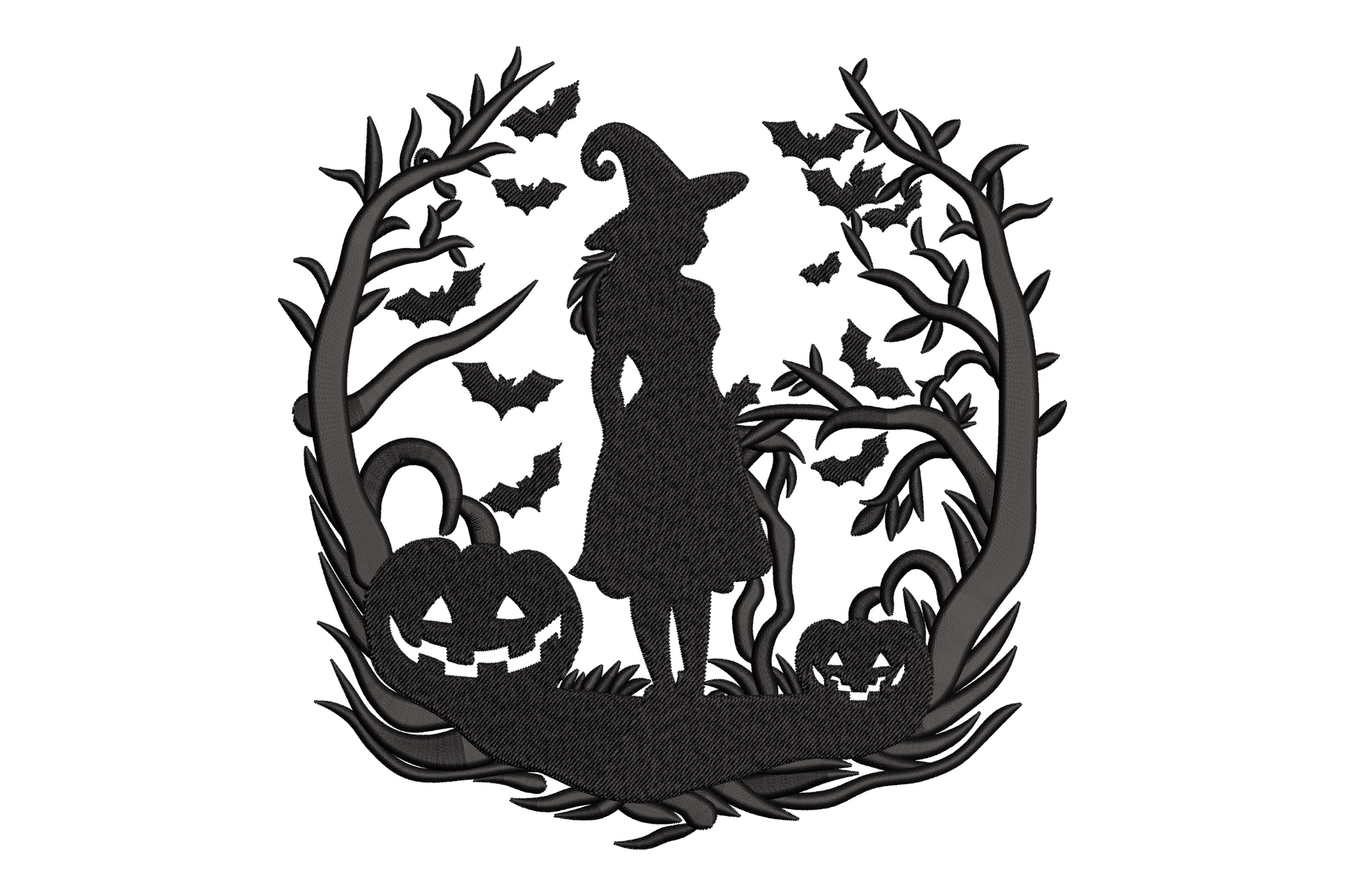 Witch silhouette pumpkins Halloween embroidery, solid black, standing witch in pointed hat with pumpkins, 5 sizes to 7.5 in