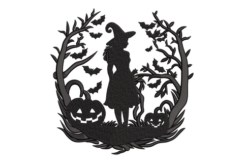 Witch silhouette pumpkins Halloween embroidery, solid black, standing witch in pointed hat with pumpkins, 5 sizes to 7.5 in