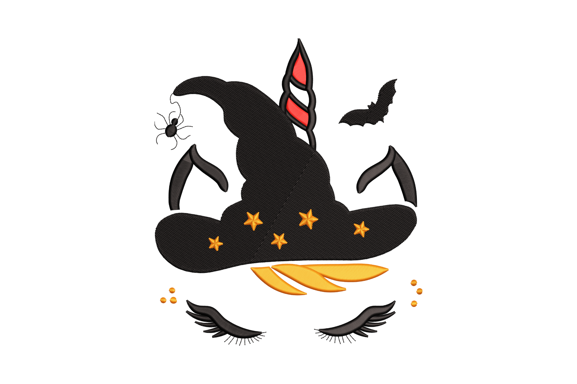 Witch unicorn halloween embroidery design with black witch hat, white unicorn body, purple mane and gold horn, 5 sizes from 2.5 to 6.5 inches for halloween kids shirts bags and accessories