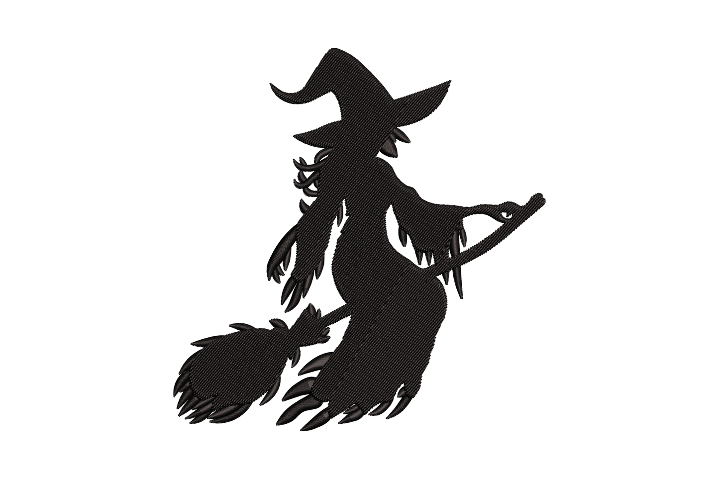 Witch on broom silhouette embroidery design with a full-body solid black standing witch holding her broom upright, tall pointed hat and long skirts in a halloween silhouette.