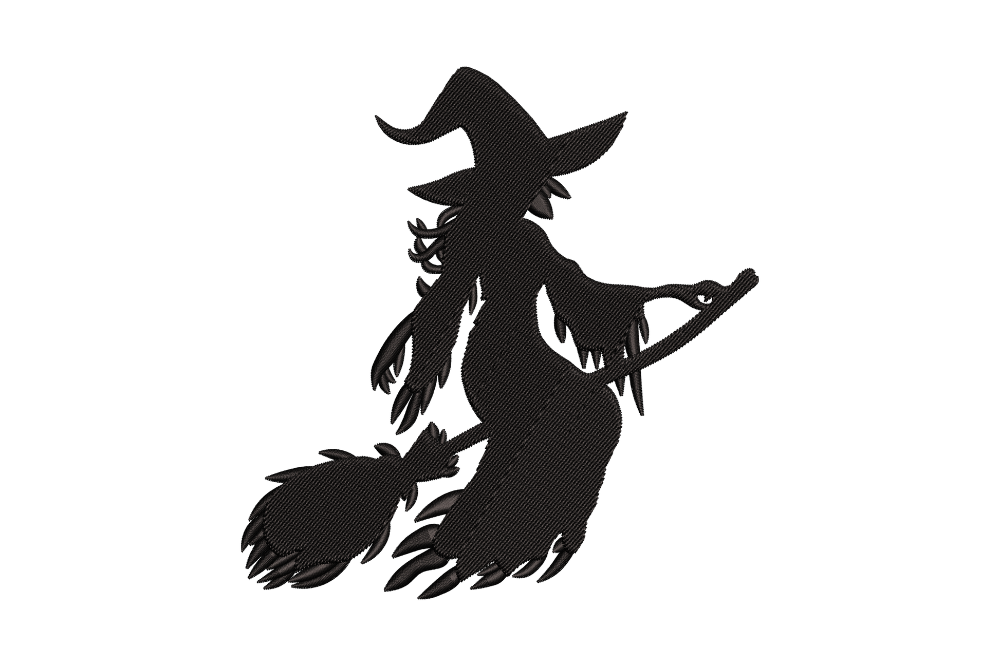 Witch on broom silhouette embroidery design with a full-body solid black standing witch holding her broom upright, tall pointed hat and long skirts in a halloween silhouette.